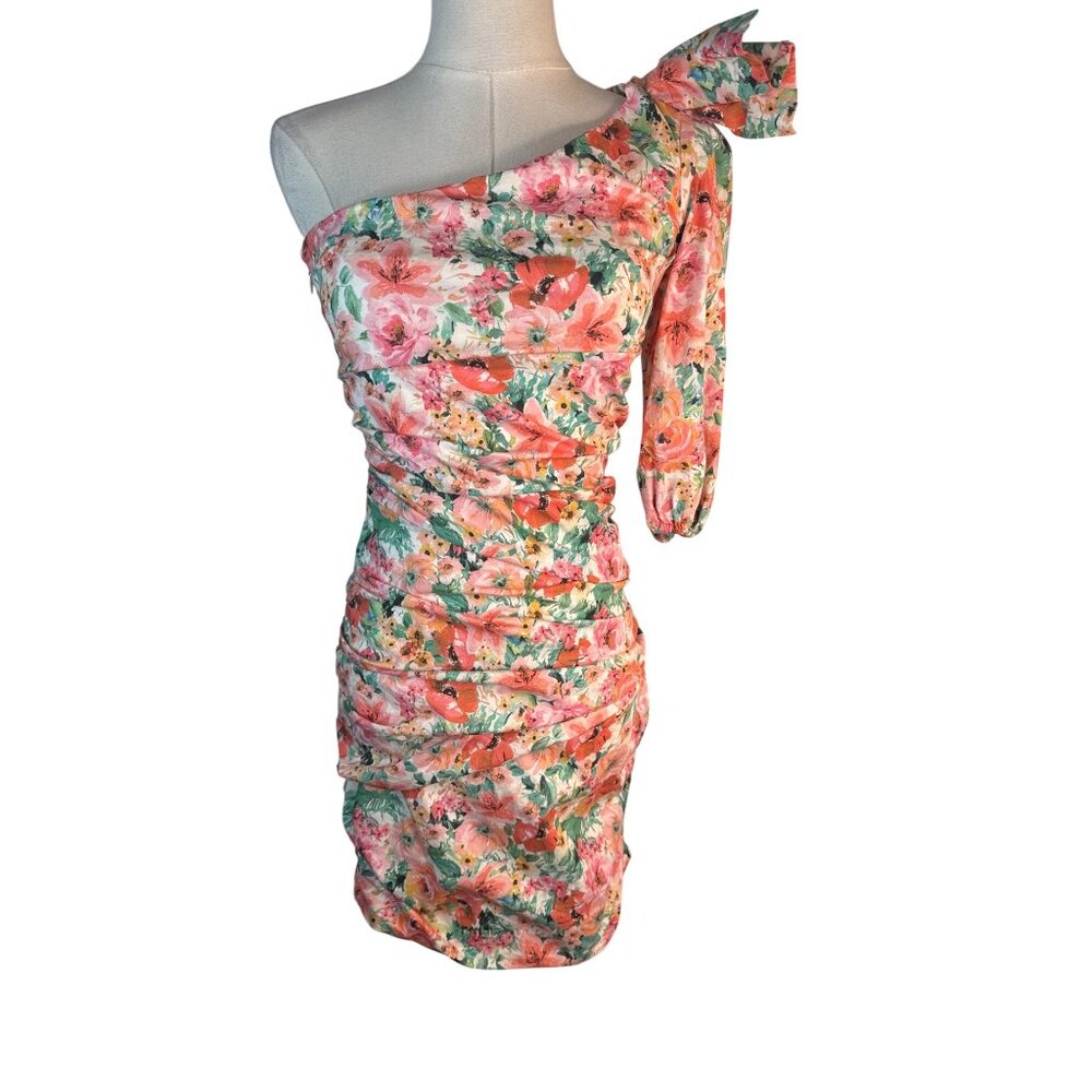 ZARA Floral One-Shoulder Ruched Mini Dress With Bow Detail - Picture 7 of 12